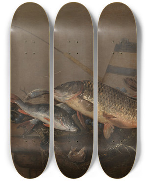 Triptych art skateboard deck of Pieter Van Noort Still Life With Fish_2 by Pieter Van Noort (1622-1672)