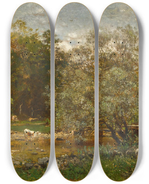 Triptych art skateboard deck of Eugen Jettel Ford Over A River by Eugen Jettel (1845-1901)