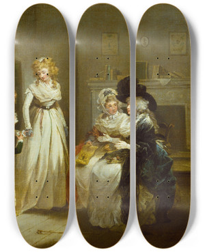 Triptych art skateboard deck of George Morland A Visit To The Boarding School by George Morland (1763-1804)