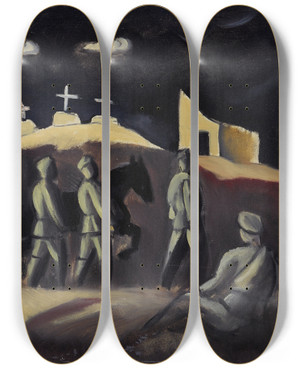 Triptych art skateboard deck of Jzeps Grosvalds Three Crosses by Jazeps Grosvalds (1891-1920)