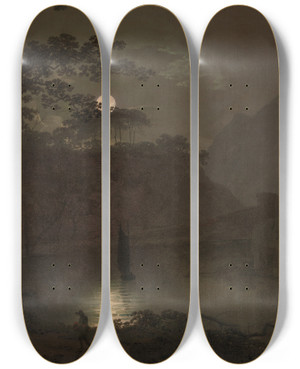 Triptych art skateboard deck of Joseph Wright Of Derby A Lake By Moonlight by Joseph Wright Of Derby (1734-1797)