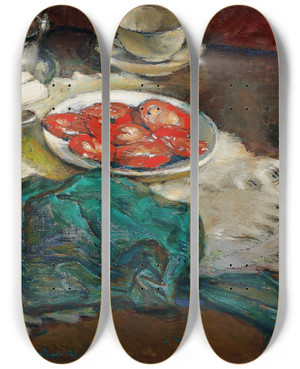 Triptych art skateboard deck of Peter Alexandrovitch Nilouss Tomates Coupes Et Tablier Vert by Peter Alexandrovitch Nilouss (1869-1943)