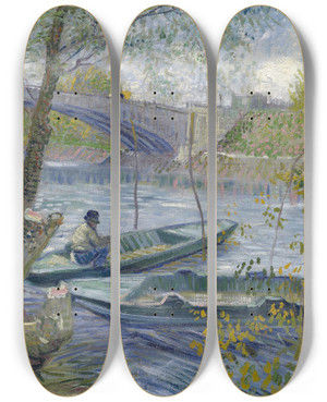 Triptych art skateboard deck of Vincent Van Gogh Fishing In Spring The Pont De Clichy Asnires by Vincent van Gogh (1853-1890)