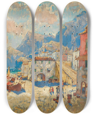 Triptych art skateboard deck of Konstantin Ivanovich Gorbatov A Coastal Town In Spain by Konstantin Ivanovich Gorbatov (1876-1945)