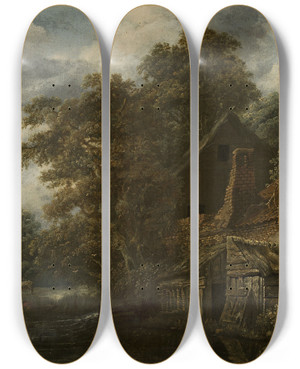 Triptych art skateboard deck of Cornelis Gerritsz Decker Landscape With A Mill by Cornelis Gerritsz Decker (1618-1678)