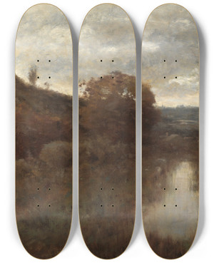 Triptych art skateboard deck of Alexander Helwig Wyant Autumn Landscape And Pool by Alexander Helwig Wyant (1836-1892)