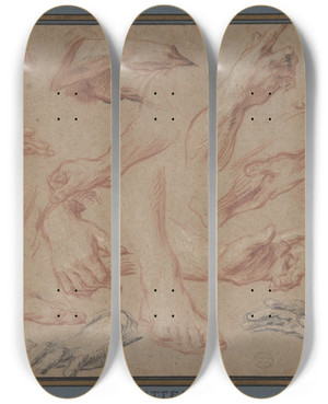 Triptych art skateboard deck of Franois Lemoyne Studies Of Hands And Feet by Francois Lemoyne (1688-1737)