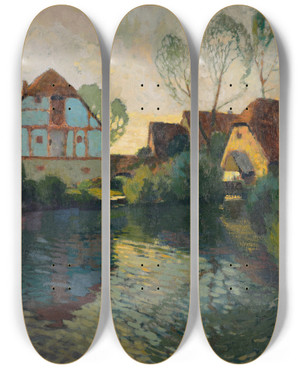 Triptych art skateboard deck of Alfred Poell Dmmerung In Einem Dorf by Alfred Poell (1867-1929)