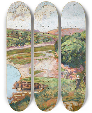 Triptych art skateboard deck of Henri Delavalle Breton Et Bretonne Au Bord De Laven by Henri Delavallee (1862-1943)