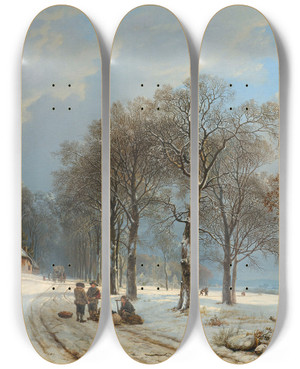 Triptych art skateboard deck of Barend Cornelis Koekkoek Winter Landscape by Barend Cornelis Koekkoek (1803-1862)