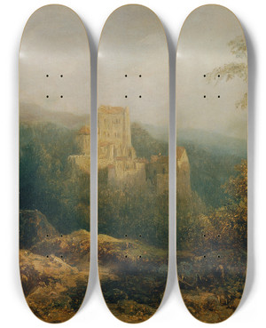Triptych art skateboard deck of August Piepenhagen Das Bergschloss by August Piepenhagen (1791-1868)