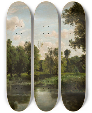 Triptych art skateboard deck of Jzef Szermentowski Lake In The Forest by Jozef Szermentowski (1833-1876)