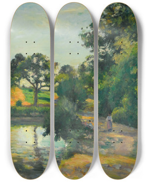 Triptych art skateboard deck of Camille Pissarro Ltang Au Soleil Couchant Montfoucault by Camille Pissarro (1830-1903)