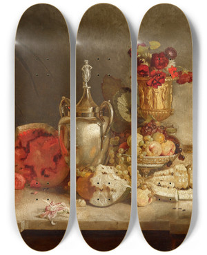 Triptych art skateboard deck of Theodore Clement Steele Still Life Of Fruit And Urn by Theodore Clement Steele (1847-1926)