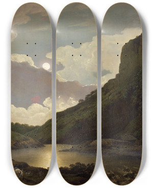 Triptych art skateboard deck of Joseph Wright Of Derby Matlock Tor By Moonlight_1 by Joseph Wright Of Derby (1734-1797)