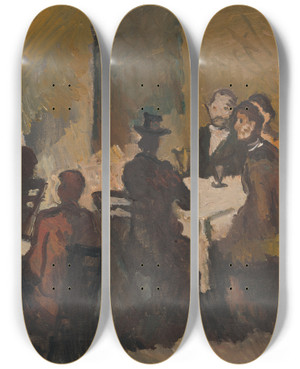 Triptych art skateboard deck of Cyprin Majernk Company In A Coffee Shop by Cyprian Majernik (1909-1945)