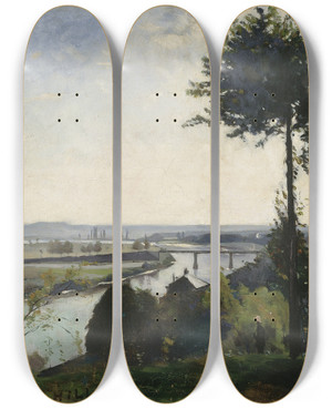 Triptych art skateboard deck of Carl Fredrik Hill The Tree And The River Iii The Seine At Boisleroi_1 by Carl Fredrik Hill (1849-1911)