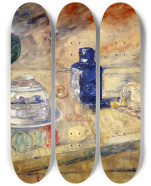 Triptych art skateboard deck of James Ensor Blue Bottles And Chicken by James Ensor (1860-1949)
