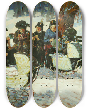 Triptych art skateboard deck of George Luks Knitting For The Soldiers High Bridge Park by George Luks (1866-1933)