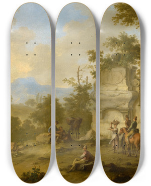 Triptych art skateboard deck of Franz De Paula Ferg Landscape With Tomb And Horsemen Ii by Franz de Paula Ferg (1689-1740)
