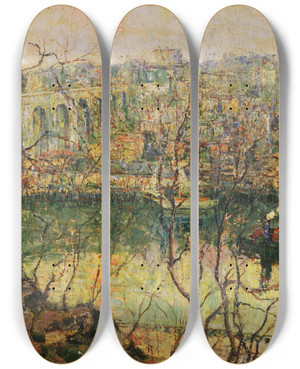 Triptych art skateboard deck of Ernest Lawson High Bridge Early Moon by Ernest Lawson (1873-1939)