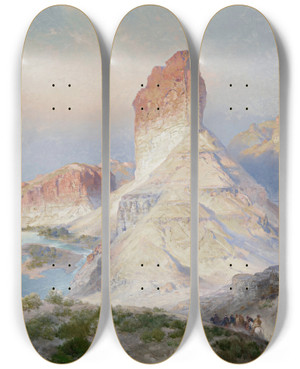 Triptych art skateboard deck of Thomas Moran The Castle Rock Green River Wyoming Indian Summer Green River Wyoming by Thomas Moran (1837-1926)