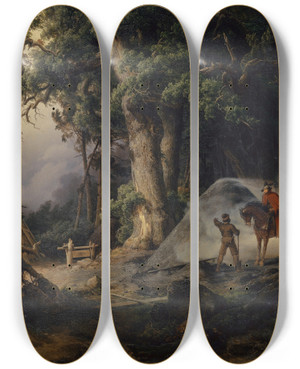 Triptych art skateboard deck of Karl Friedrich Lessing Charcoal Kiln In An Oak Tree Forest by Karl Friedrich Lessing (1808-1880)