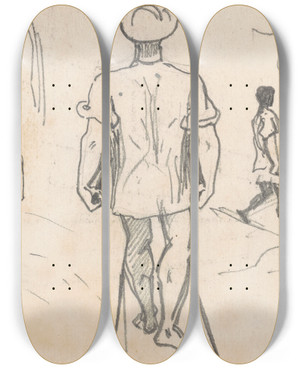 Triptych art skateboard deck of John Singer Sargent Studies Of Peasants With Wheelbarrows Verso by John Singer Sargent (1856-1925)