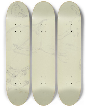 Triptych art skateboard deck of Johann Nepomuk Rauch Lions And Wolves by Johann Nepomuk Rauch (1804-1847)