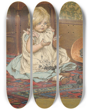 Triptych art skateboard deck of Robert Barnes Girl Playing With Coal by Robert Barnes (1840-1895)