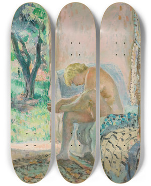 Triptych art skateboard deck of Henri Lebasque Nu Assis Sur Un Canap Prs De La Fentre by Henri Lebasque (1865-1937)