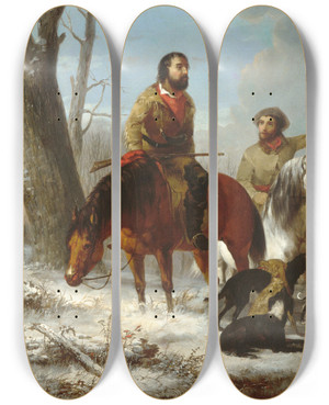 Triptych art skateboard deck of Jonathan K Trego Trappers by Jonathan K Trego (1817-1868)