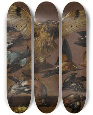 Triptych art skateboard deck of Pieter Boel Studies Of An Owl And Other Birds by Pieter Boel (1622-1674)