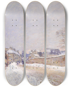 Triptych art skateboard deck of Alfred Sisley Rue Eugne Moussoir At Moret Winter by Alfred Sisley (1840-1899)
