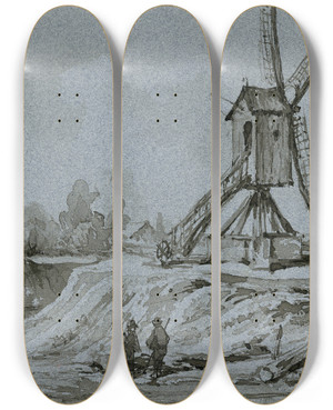 Triptych art skateboard deck of Pieter Van Loon Een Standerdmolen_2 by Pieter Van Loon (1801-1873)