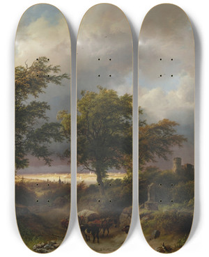 Triptych art skateboard deck of Barend Cornelis Koekkoek A Wooded Landscape by Barend Cornelis Koekkoek (1803-1862)