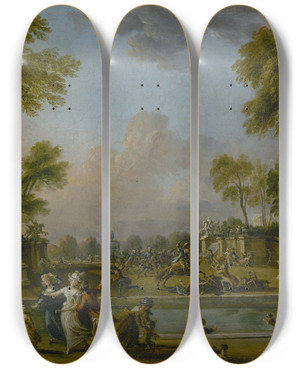 Triptych art skateboard deck of Jeanbaptiste Lallemand La Charge Du Prince De Lambesc Dans Le Jardin Des Tuileries Le 12 Juillet 1789 by Jean-Baptiste Lallemand (1716-1805)