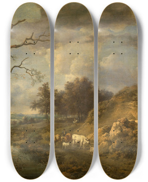 Triptych art skateboard deck of Jan Wijnants Landscape With Cattle by Jan Wijnants (1632-1684)