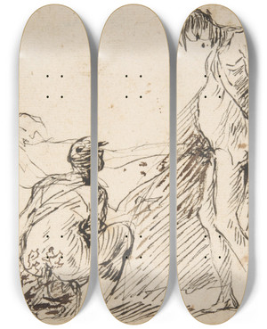 Triptych art skateboard deck of Domenico Gargiulo A Crouching Man Defecating And A Standing Man Urinating by Domenico Gargiulo (1609-1675)
