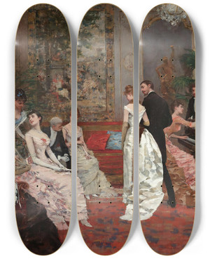 Triptych art skateboard deck of Francesc Miralles I Galaup Fiesta Elegante An Elegant Soire by Francesc Miralles I Galaup (1848-1901)