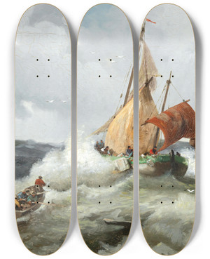Triptych art skateboard deck of Adolf Kaufmann Fishing Boat In A Rough Sea by Adolf Kaufmann (1848-1916)
