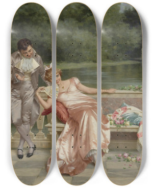 Triptych art skateboard deck of Vittorio Reggianini The Flirtation by Vittorio Reggianini (1858-1938)