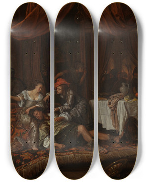 Triptych art skateboard deck of Jan Steen Samson And Delilah by Jan Steen (1626-1679)