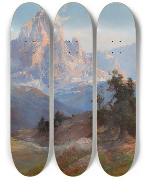 Triptych art skateboard deck of Edward Theodore Compton A View Of Mount Sassolungo by Edward Theodore Compton (1849-1921)