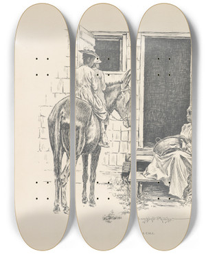 Triptych art skateboard deck of J Campbel Phillips A Social Call by J Campbel Phillips (1873-1949)