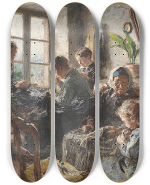 Triptych art skateboard deck of Lon Augustin Lhermitte Les Couturires_1 by Lon Augustin Lhermitte (1844-1925)