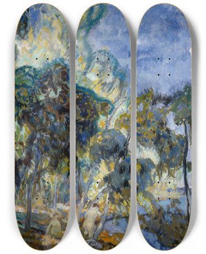 Triptych art skateboard deck of Yrj Ollila Maisema Korpilahdelta by Yrjo Ollila (1887-1932)