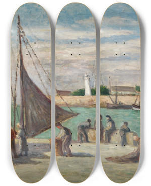Triptych art skateboard deck of Maximilien Luce Honfleur Sur Le Quai by Maximilien Luce (1858-1941)