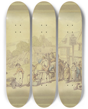 Triptych art skateboard deck of Thomas Rowlandson Soldaten An Einem Wirtshaus by Thomas Rowlandson (1756-1827)