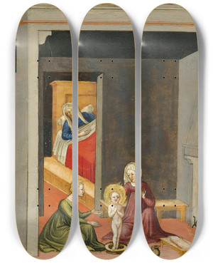 Triptych art skateboard deck of Bicci Di Lorenzo The Birth Of St Nicholas Of Bari by Bicci Di Lorenzo (1373-1452)